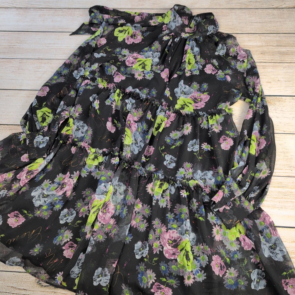 Cinq a Sept Black Floral LoveTiered Mini Dress Tie Neck Size 6 Long Sleeve